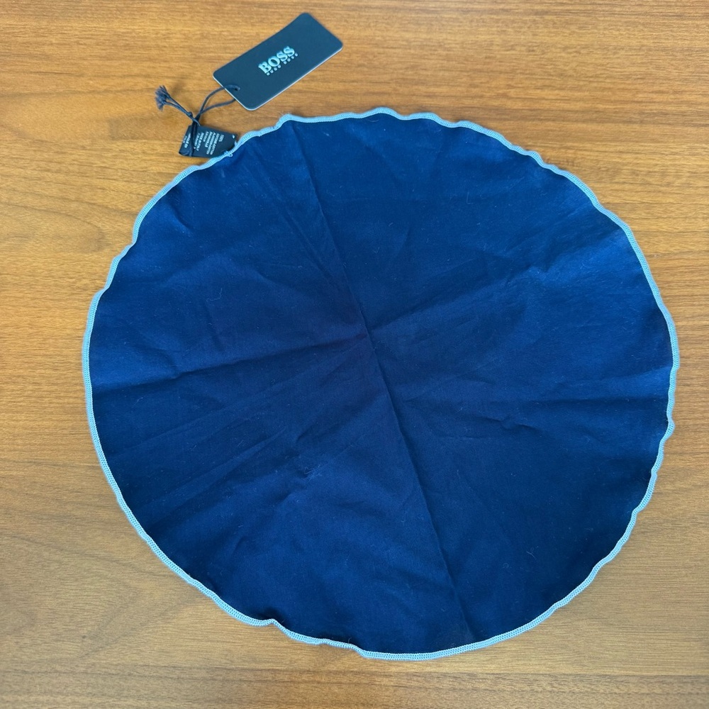 NWT Hugo Boss Navy Blue Round Pocket Square Cloth with White Trim